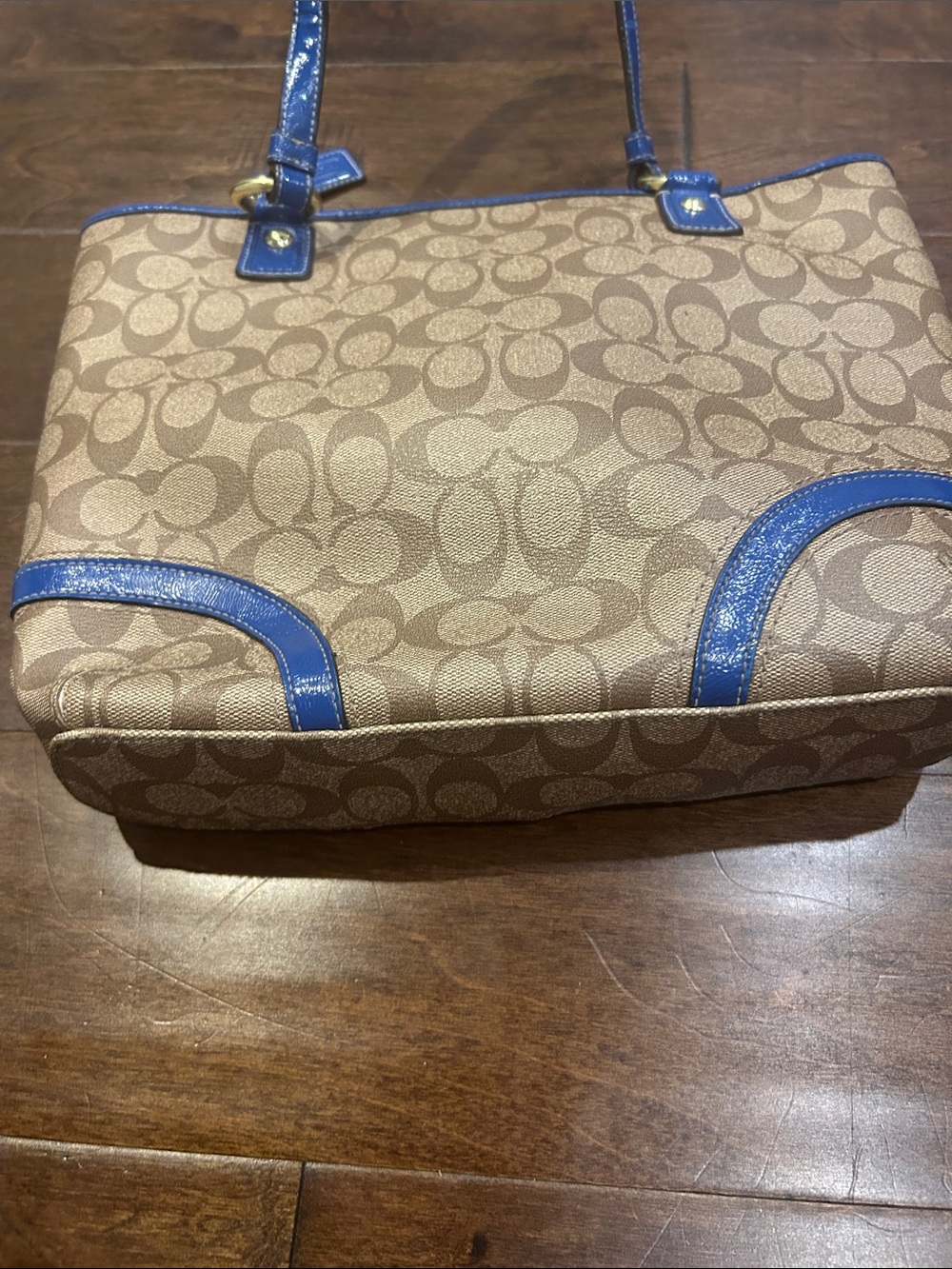 Coach Tan Signature Canvas Tote with Blue Leather Trim - Picture 4 of 4